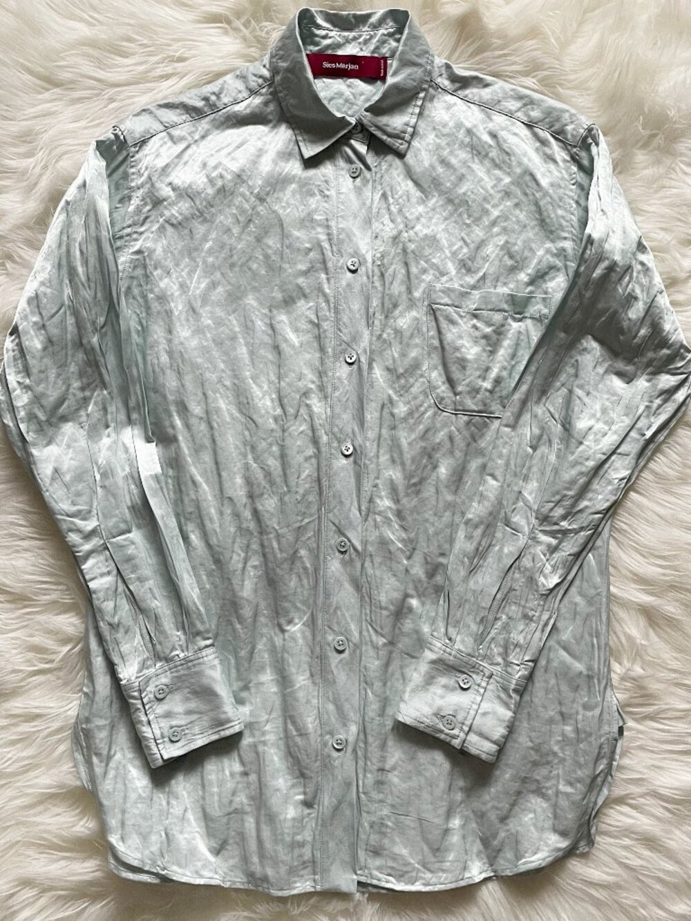 Sies Marjan Ice Metallic Blue Sander Crinkled Satin Long Sleeve Blouse Shirt